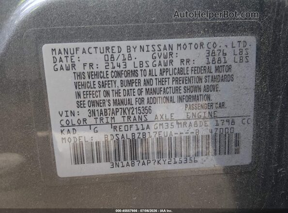 3N1AB7AP7KY215356 2019 NISSAN SENTRA Gray Engine compartment view