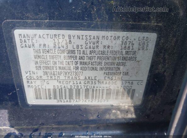 3N1AB7AP7KY273077 2019 NISSAN SENTRA Blue ძრავის განყოფილების ხედი