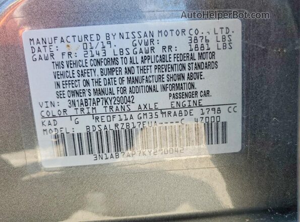 3N1AB7AP7KY290042 2019 NISSAN SENTRA Charcoal Widok naklejki z numerem VIN