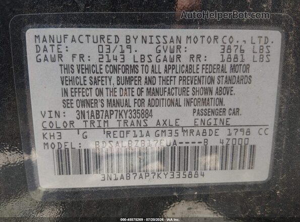 3N1AB7AP7KY335884 2019 NISSAN SENTRA Black Вид підкапотного простору
