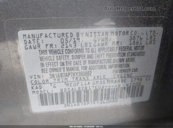 3N1AB7AP7KY360882 2019 NISSAN SENTRA Gray Engine compartment view