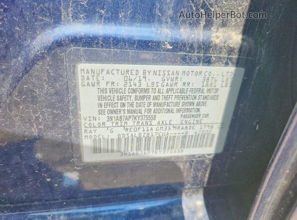 3N1AB7AP7KY375558 2019 NISSAN SENTRA Blue Widok komory silnika