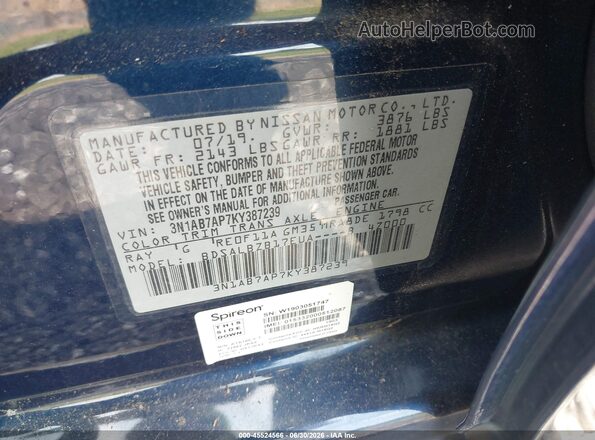 3N1AB7AP7KY387239 2019 NISSAN SENTRA Blue Շարժիչի բաժամունքի տեսք