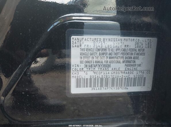 3N1AB7AP7KY389086 2019 NISSAN SENTRA Black Вид підкапотного простору