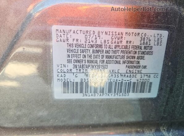 3N1AB7AP7KY391503 2019 NISSAN SENTRA Gray Вид наклейки з VIN-кодом