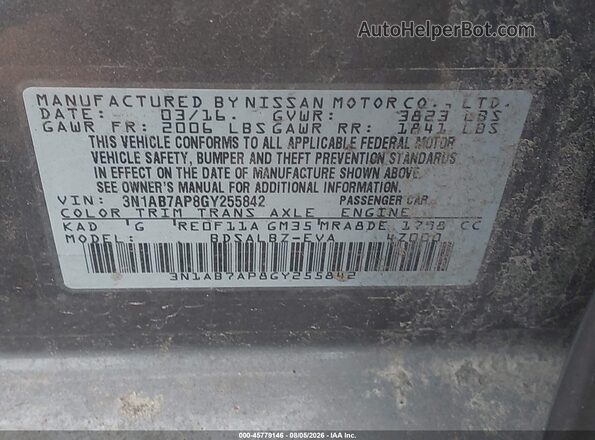 3N1AB7AP8GY255842 2016 NISSAN SENTRA Gray Вид підкапотного простору