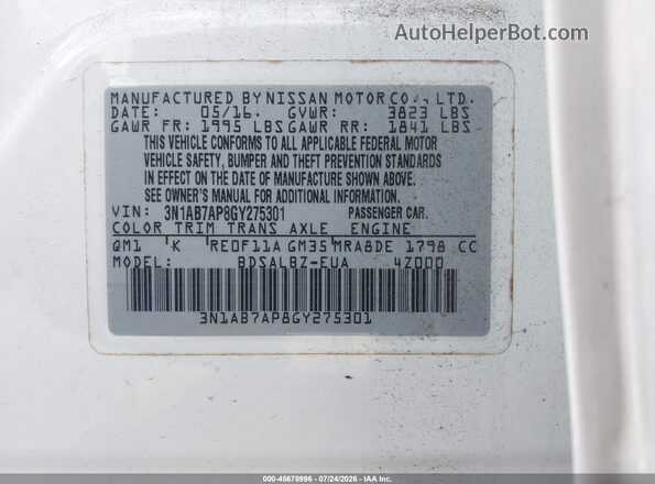 3N1AB7AP8GY275301 2016 NISSAN SENTRA White Շարժիչի բաժամունքի տեսք
