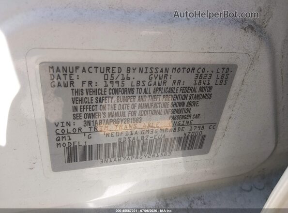 3N1AB7AP8GY281583 2016 NISSAN SENTRA White ძრავის განყოფილების ხედი