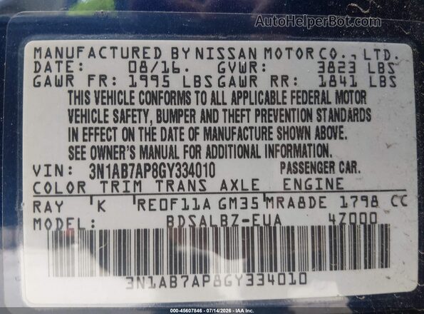 3N1AB7AP8GY334010 2016 NISSAN SENTRA Blue Vista del compartimento del motor