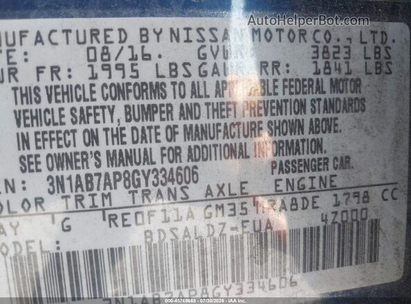3N1AB7AP8GY334606 2016 NISSAN SENTRA Blue Widok komory silnika