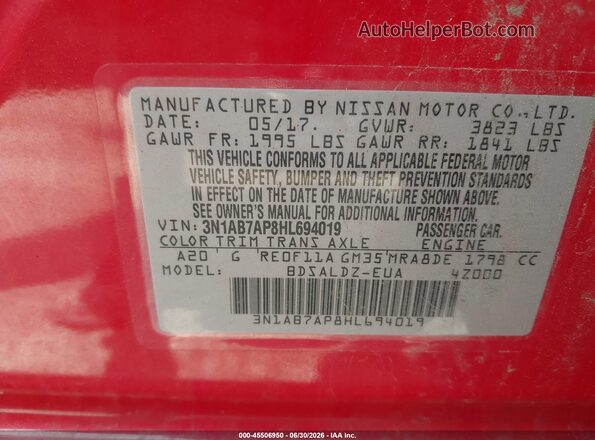 3N1AB7AP8HL694019 2017 NISSAN SENTRA Red Շարժիչի բաժամունքի տեսք