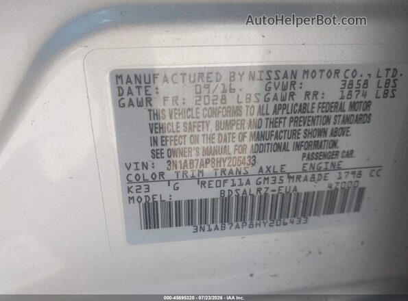 3N1AB7AP8HY206433 2017 NISSAN SENTRA Silver Vista del compartimento del motor