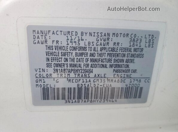 3N1AB7AP8HY239464 2017 NISSAN SENTRA White Շարժիչի բաժամունքի տեսք