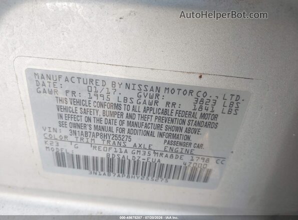 3N1AB7AP8HY255275 2017 NISSAN SENTRA Silver Вид підкапотного простору