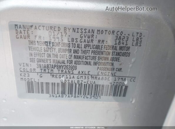 3N1AB7AP8HY263909 2017 NISSAN SENTRA Silver Շարժիչի բաժամունքի տեսք