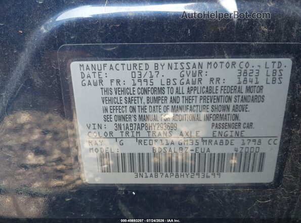 3N1AB7AP8HY293699 2017 NISSAN SENTRA Синий Вид подкапотного пространства
