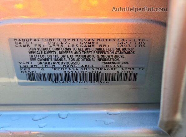 3N1AB7AP8HY309528 2017 NISSAN SENTRA Silver Вид наклейки з VIN-кодом