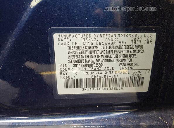 3N1AB7AP8HY325664 2017 NISSAN SENTRA Blue Շարժիչի բաժամունքի տեսք