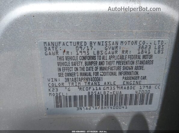 3N1AB7AP8HY400041 2017 NISSAN SENTRA Silver Vista del compartimento del motor