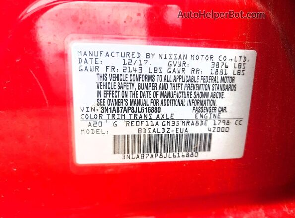 3N1AB7AP8JL616880 2018 NISSAN SENTRA Red Widok naklejki z numerem VIN