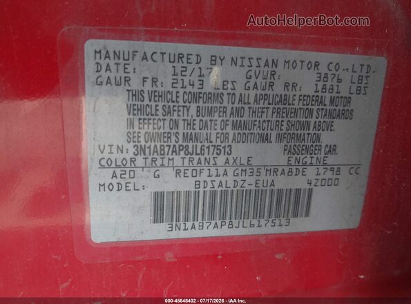 3N1AB7AP8JL617513 2018 NISSAN SENTRA Red ძრავის განყოფილების ხედი