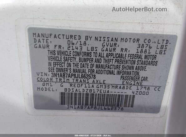 3N1AB7AP8JL662578 2018 NISSAN SENTRA White Вид підкапотного простору