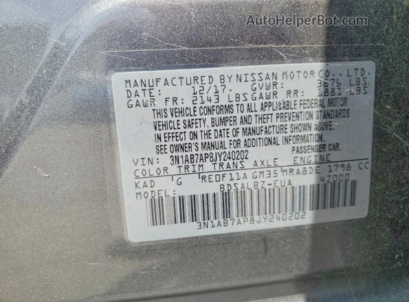 3N1AB7AP8JY240202 2018 NISSAN SENTRA Серый Вид наклейки с VIN-кодом