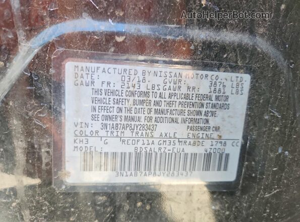3N1AB7AP8JY283437 2018 NISSAN SENTRA Black VIN կոդի պիտակի տեսք