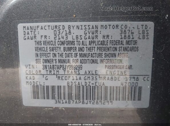3N1AB7AP8JY289299 2018 NISSAN SENTRA Серый Вид подкапотного пространства
