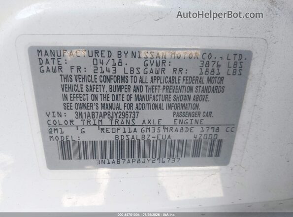 3N1AB7AP8JY296737 2018 NISSAN SENTRA White Vista del compartimento del motor