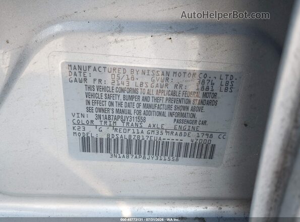 3N1AB7AP8JY311558 2018 NISSAN SENTRA Silver ძრავის განყოფილების ხედი