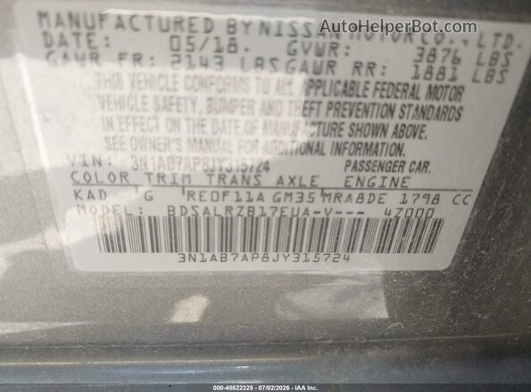 3N1AB7AP8JY315724 2018 NISSAN SENTRA Gray Widok komory silnika