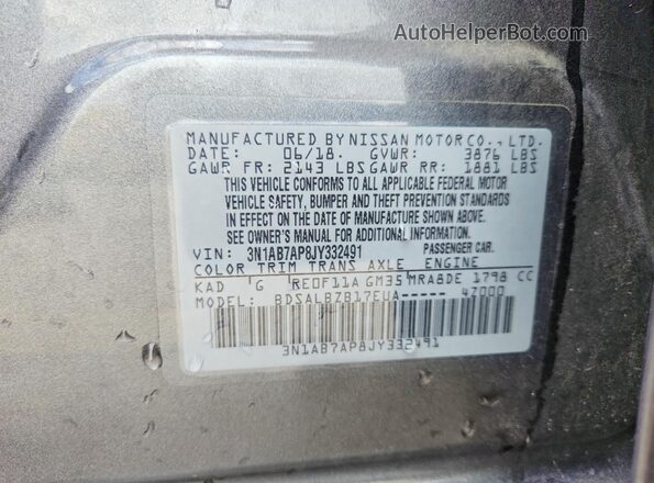 3N1AB7AP8JY332491 2018 NISSAN SENTRA Gray Widok naklejki z numerem VIN