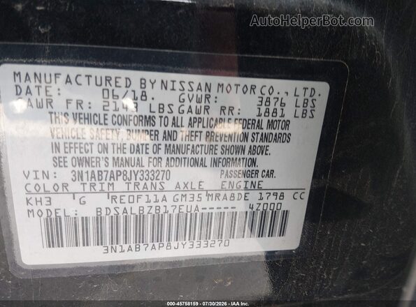 3N1AB7AP8JY333270 2018 NISSAN SENTRA Black ძრავის განყოფილების ხედი