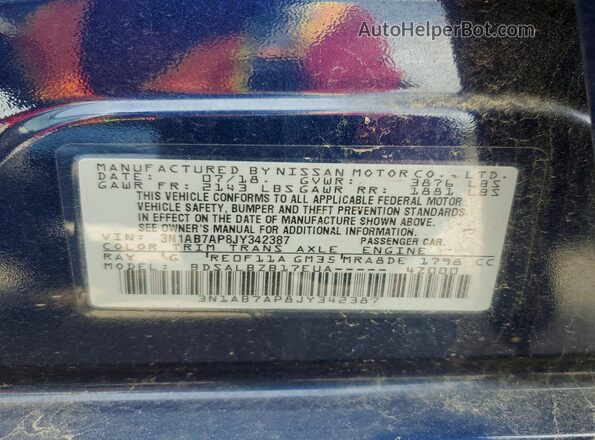 3N1AB7AP8JY342387 2018 NISSAN SENTRA Синий Вид подкапотного пространства
