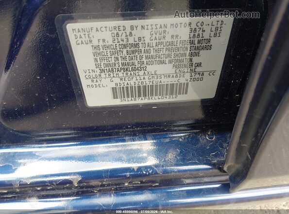 3N1AB7AP8KL604312 2019 NISSAN SENTRA Blue Вид підкапотного простору