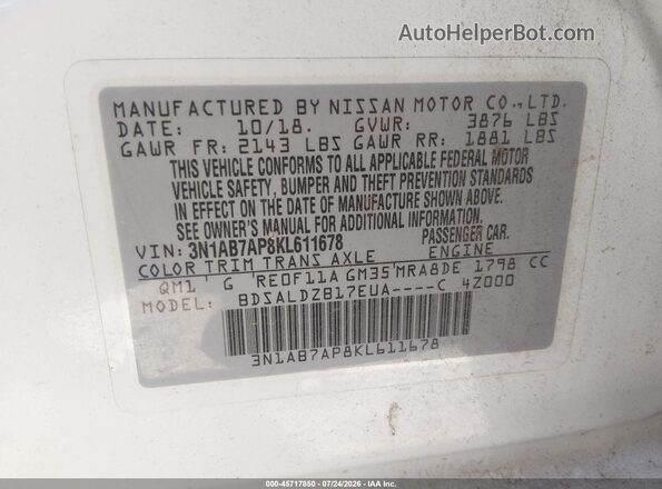 3N1AB7AP8KL611678 2019 NISSAN SENTRA White Vista del compartimento del motor