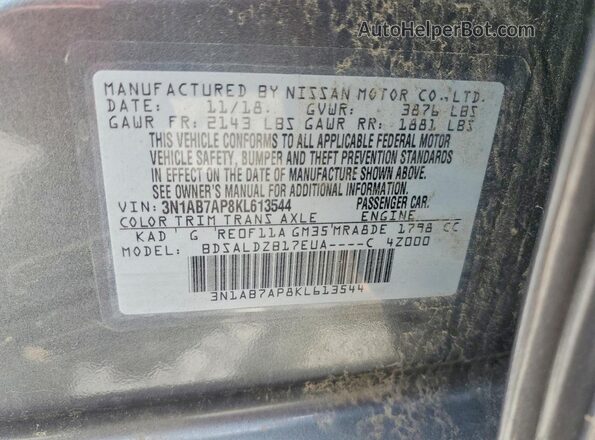 3N1AB7AP8KL613544 2019 NISSAN SENTRA Серый Вид наклейки с VIN-кодом
