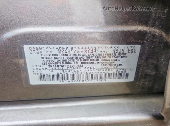 3N1AB7AP8KY210523 2019 NISSAN SENTRA Gray ძრავის განყოფილების ხედი