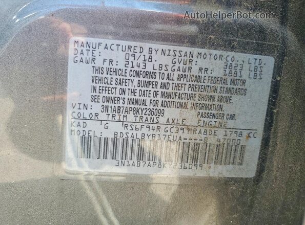3N1AB7AP8KY236099 2019 NISSAN SENTRA Gray ძრავის განყოფილების ხედი