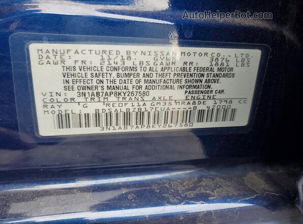 3N1AB7AP8KY267580 2019 NISSAN SENTRA Blue Engine compartment view