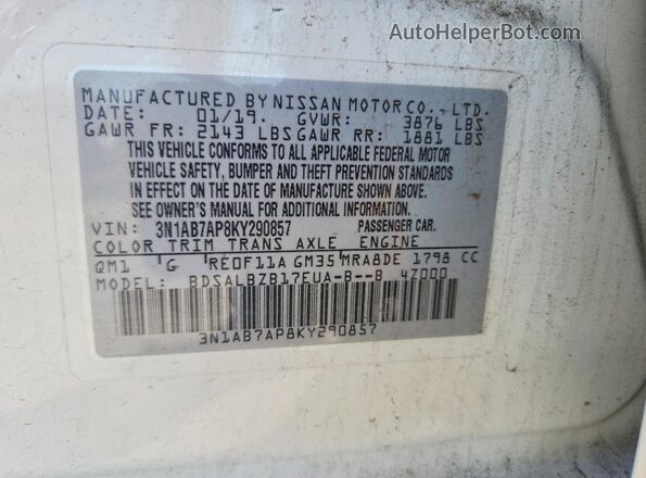 3N1AB7AP8KY290857 2019 NISSAN SENTRA White Widok komory silnika