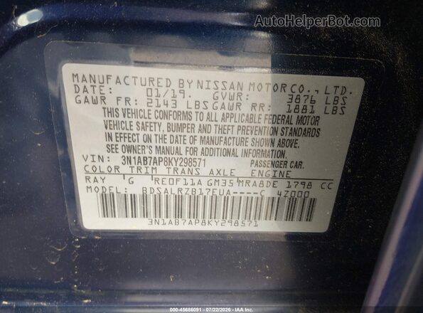 3N1AB7AP8KY298571 2019 NISSAN SENTRA Blue Vista del compartimento del motor