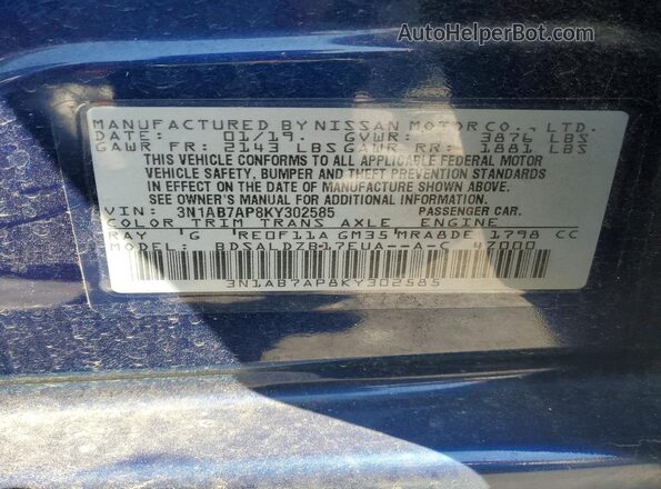 3N1AB7AP8KY302585 2019 NISSAN SENTRA Blue ძრავის განყოფილების ხედი