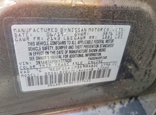 3N1AB7AP8KY377433 2019 NISSAN SENTRA Charcoal VIN կոդի պիտակի տեսք
