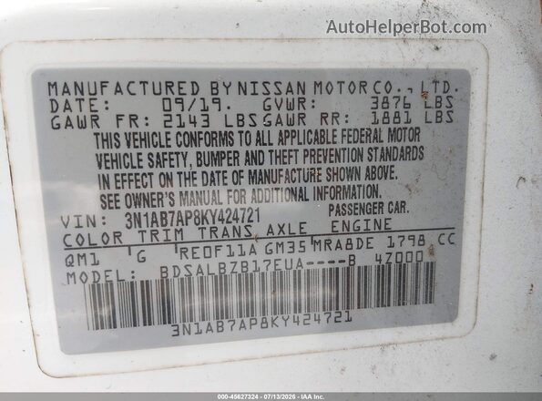 3N1AB7AP8KY424721 2019 NISSAN SENTRA White Շարժիչի բաժամունքի տեսք