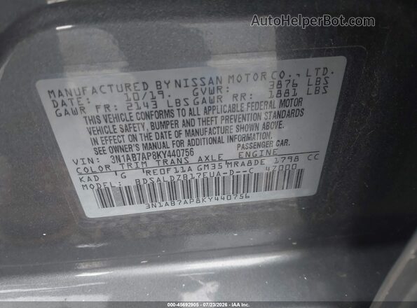 3N1AB7AP8KY440756 2019 NISSAN SENTRA Gray Շարժիչի բաժամունքի տեսք