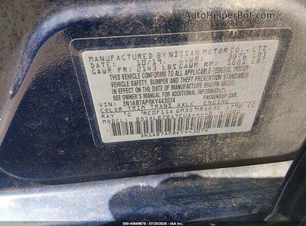 3N1AB7AP8KY443074 2019 NISSAN SENTRA Blue Widok komory silnika