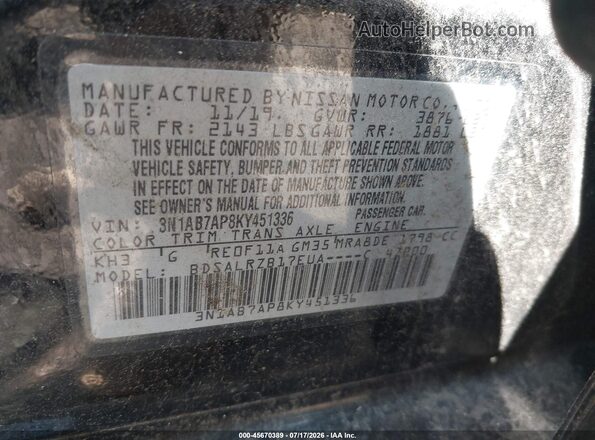 3N1AB7AP8KY451336 2019 NISSAN SENTRA Black ძრავის განყოფილების ხედი