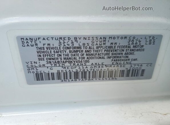 3N1AB7AP8KY454186 2019 NISSAN SENTRA White VIN կոդի պիտակի տեսք
